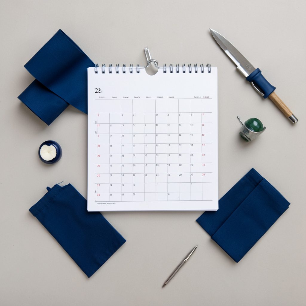 Overhead flat-lay photograph of an open notebook, a pencil and a small calendar pad, suggesting planning and structure