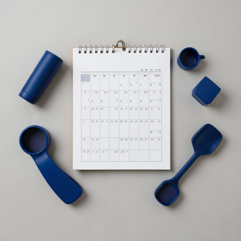 Overhead flat-lay photograph of a blank weekly calendar with soft green accents on a white surface, calm and organized mood